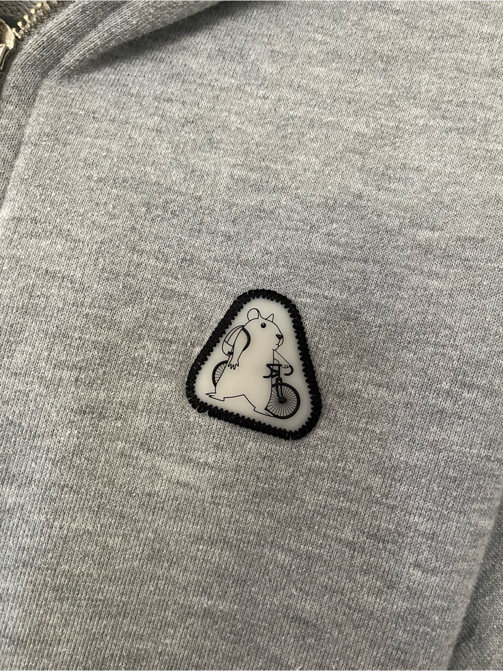RARE Aponia, Turkish Designer Street Gray Pullover with Hamster-on-Bike Patch